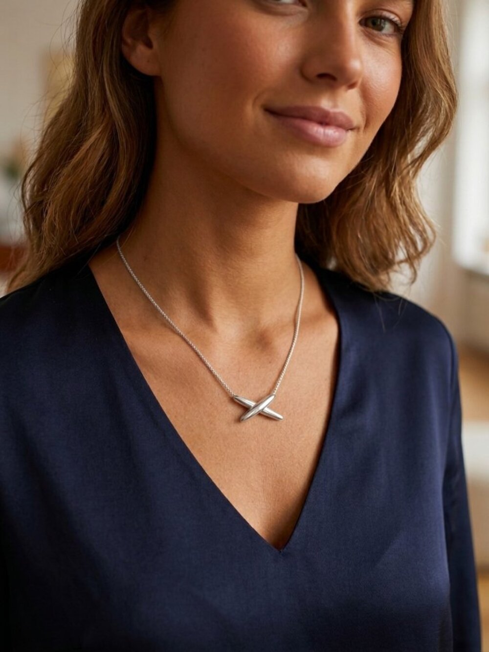 Silver Tone Minimalist Crossed X Pendant Necklace Adjustable - Picture 2 of 16